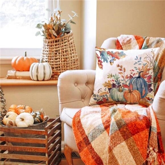 18x18 inch Set of 2 Blue and Green Watercolor Pumpkin Leaf‎ Throw Pillow Covers - Picture 4 of 6